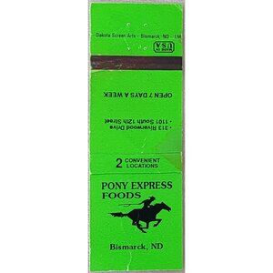 Vintage Matchbook Cover Pony Express Foods Bismarck ND North Dakota Green